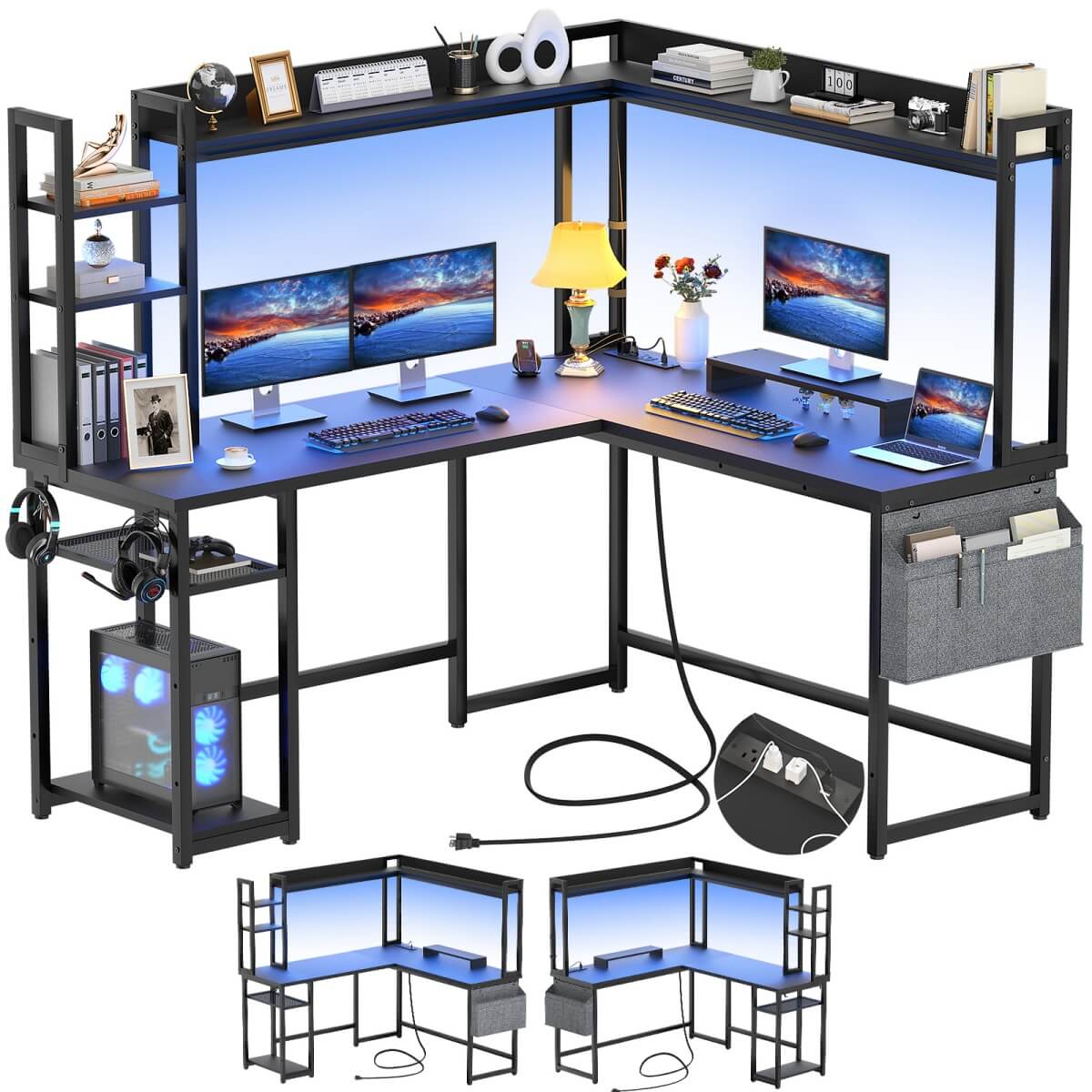 Aheaplus Reversible L-Shaped Desk with Power Outlet, LED Lights and ...